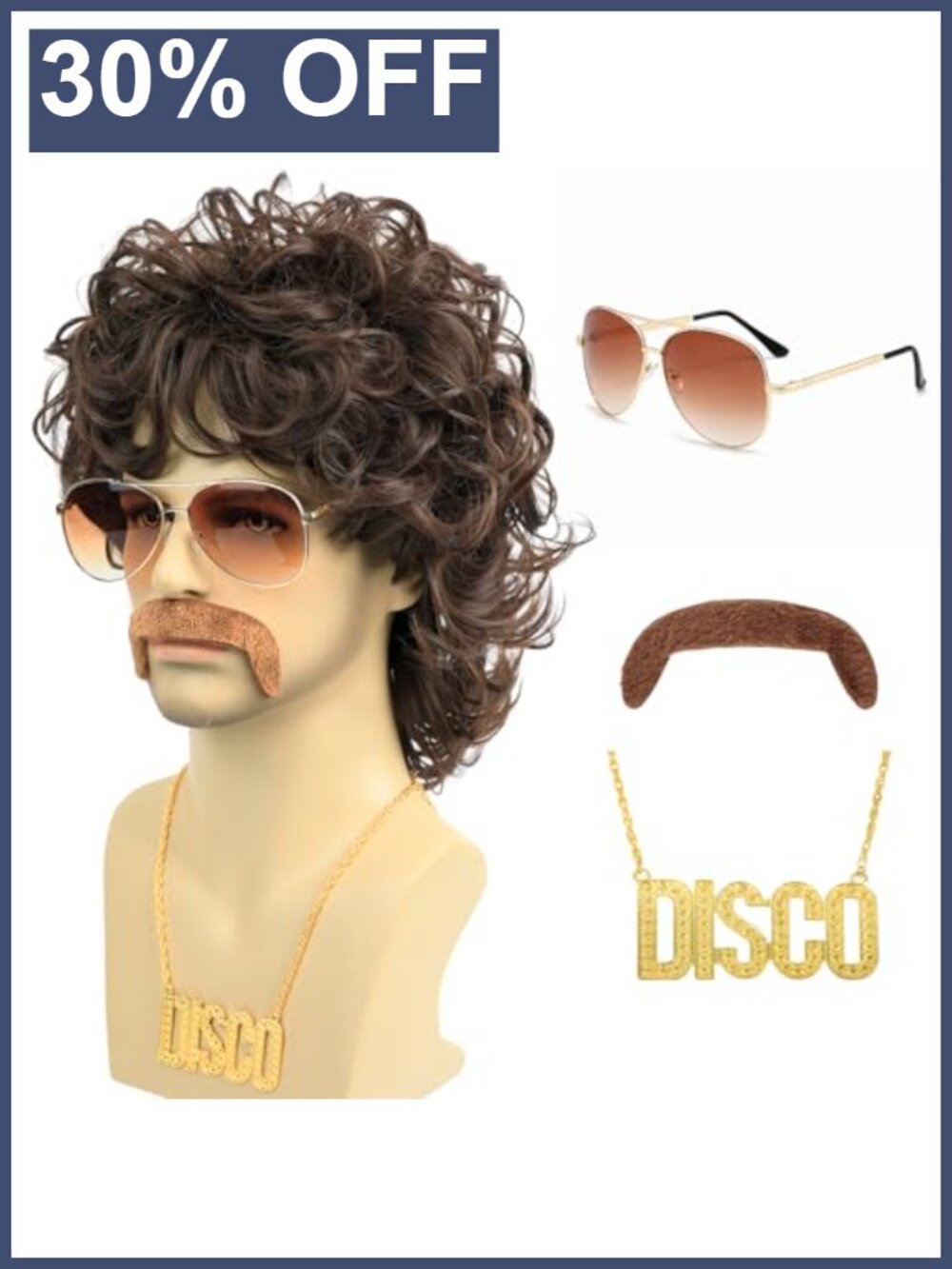 70s Disco Wig Set Curly Mullet Heat Resistant Halloween Costume Accessories